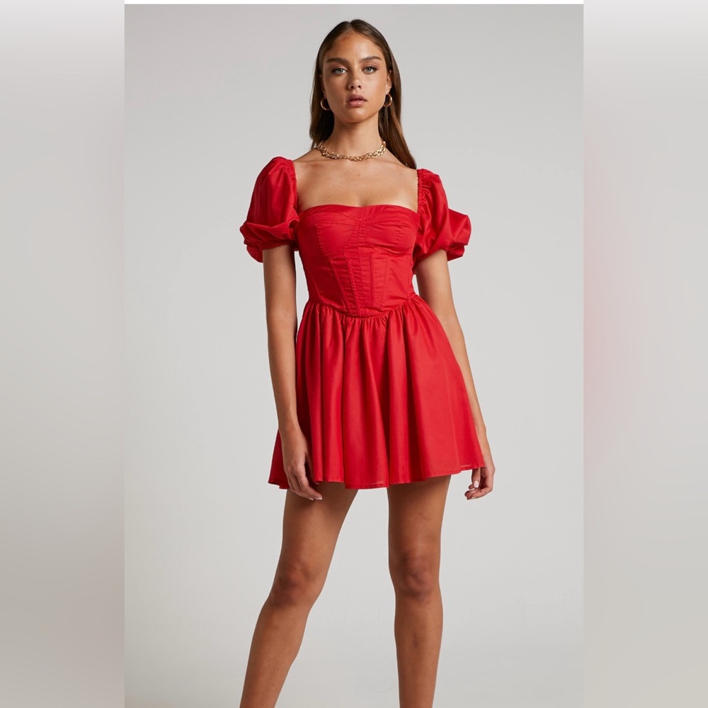 NEW Red Showpo Souza mini dress puff sleeve Size 4